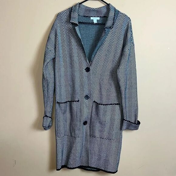 Nine West Black & White Chevron Print Button Up Longline Cardigan Sweater XS - Picture 1 of 7